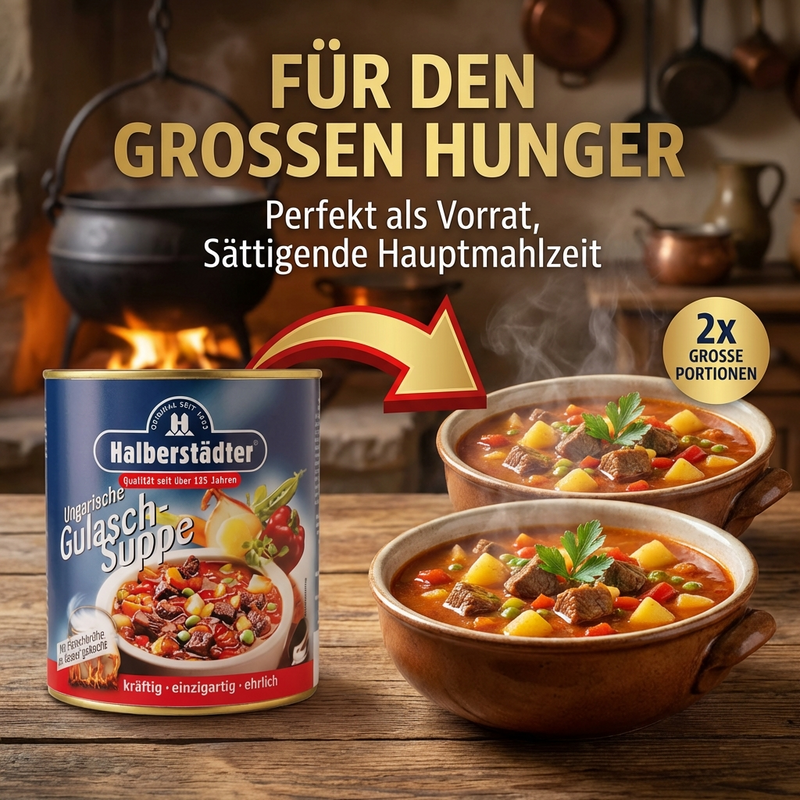Halberstädter Ungarische Gulaschsuppe 800 ml – kräftige Suppe aus Rindfleisch & Gewürzen mild scharf, im Kessel gekocht