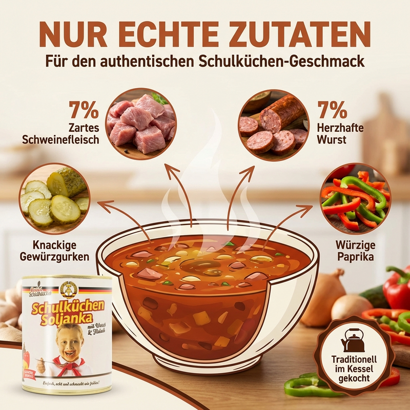 Original Schulküche – Schulküchen Soljanka mit Fleisch und Würstchen, 800g – Traditioneller Ossi-Klassiker