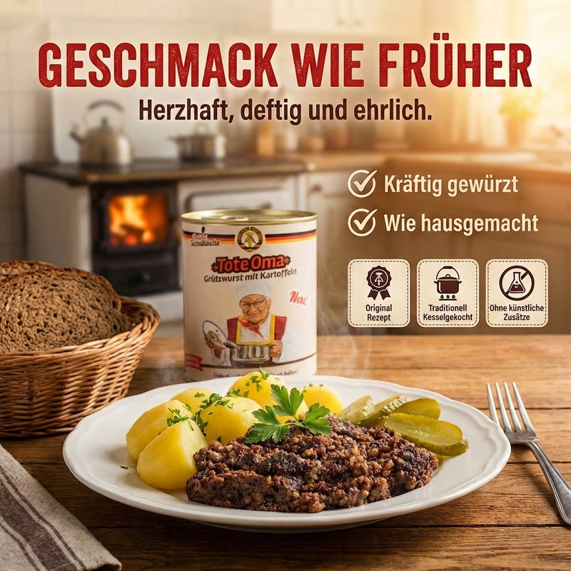 Tote Oma 800g - Grützwurst mit Kartoffeln im Kessel zubereitet - Original DDR Schulküche