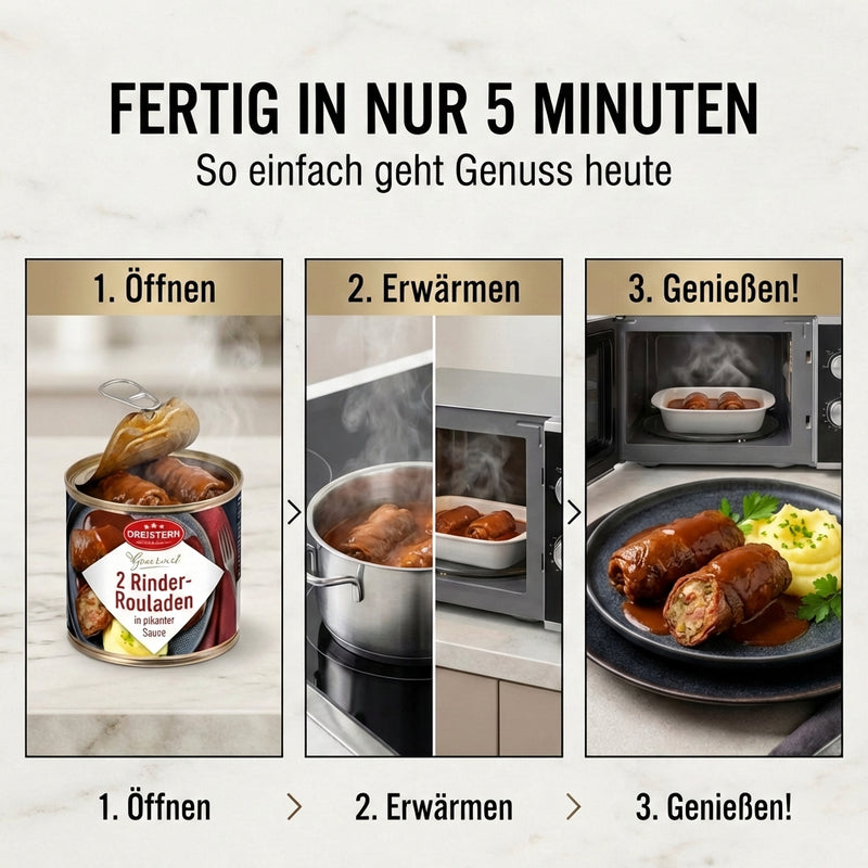Dreistern Gourmet Rinderrouladen 500g – 2 handgerollte Rouladen mit klassischer Füllung in pikanter Bratensauce – Hausmacher Qualität, schnell zubereitet & lange haltbar