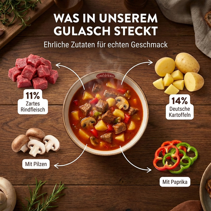 DREISTERN herzhafte Gulaschtopf 1200g – XXL Fertiggericht mit Rindfleisch & Kartoffeln – Herzhafter Eintopf – Hausmacher Qualität, lange haltbar & schnell zubereitet