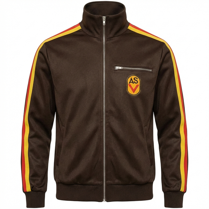 NVA Sportjacke ASV Vorwärts Repro – DDR Kult Trainingsjacke, braun, mit Reißverschluss & ASV-Aufnäher