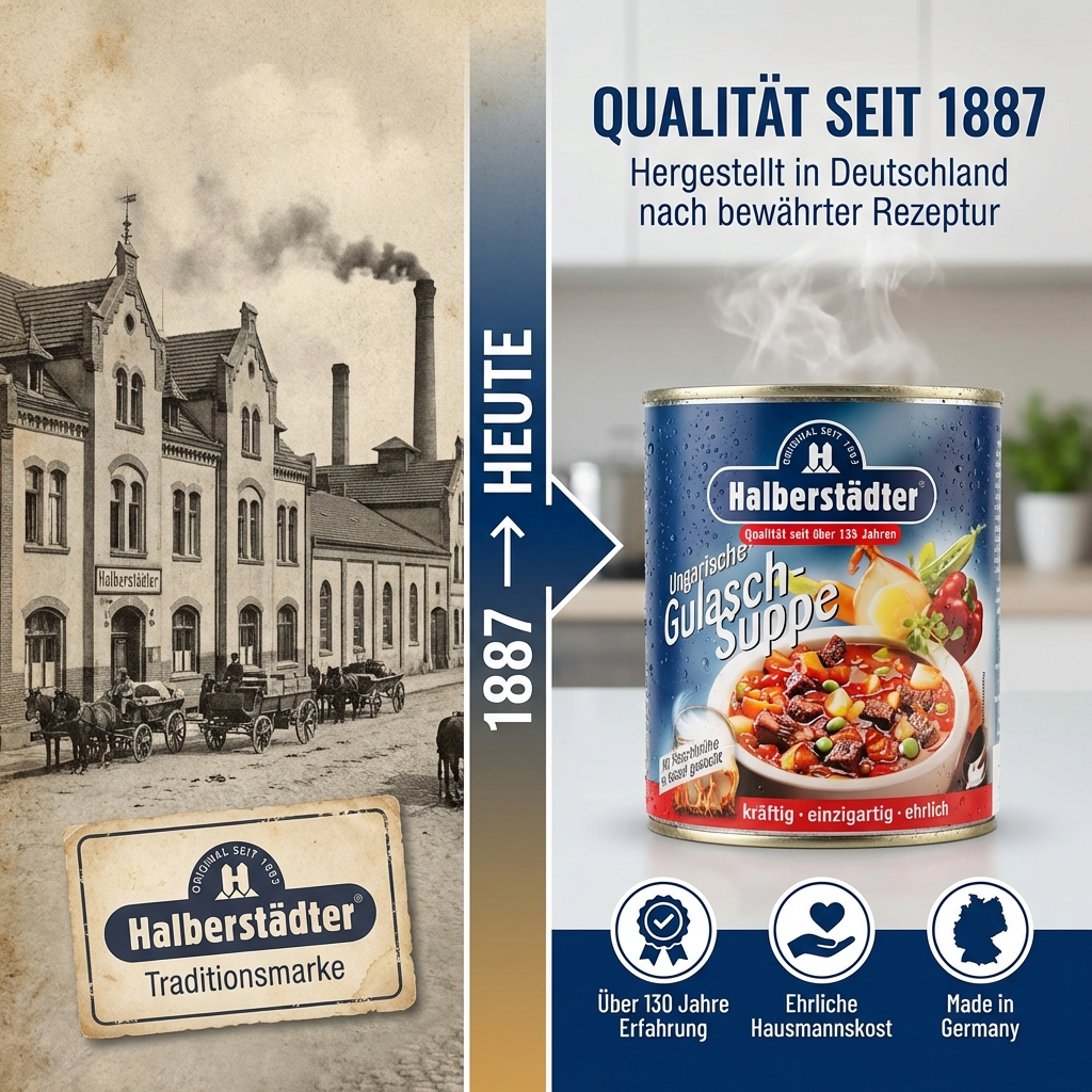 Halberstädter Ungarische Gulaschsuppe 800 ml – kräftige Suppe aus Rindfleisch & Gewürzen mild scharf, im Kessel gekocht