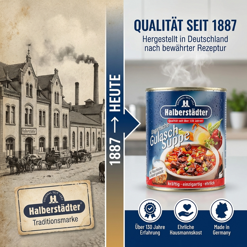 Halberstädter Ungarische Gulaschsuppe 800 ml – kräftige Suppe aus Rindfleisch & Gewürzen mild scharf, im Kessel gekocht