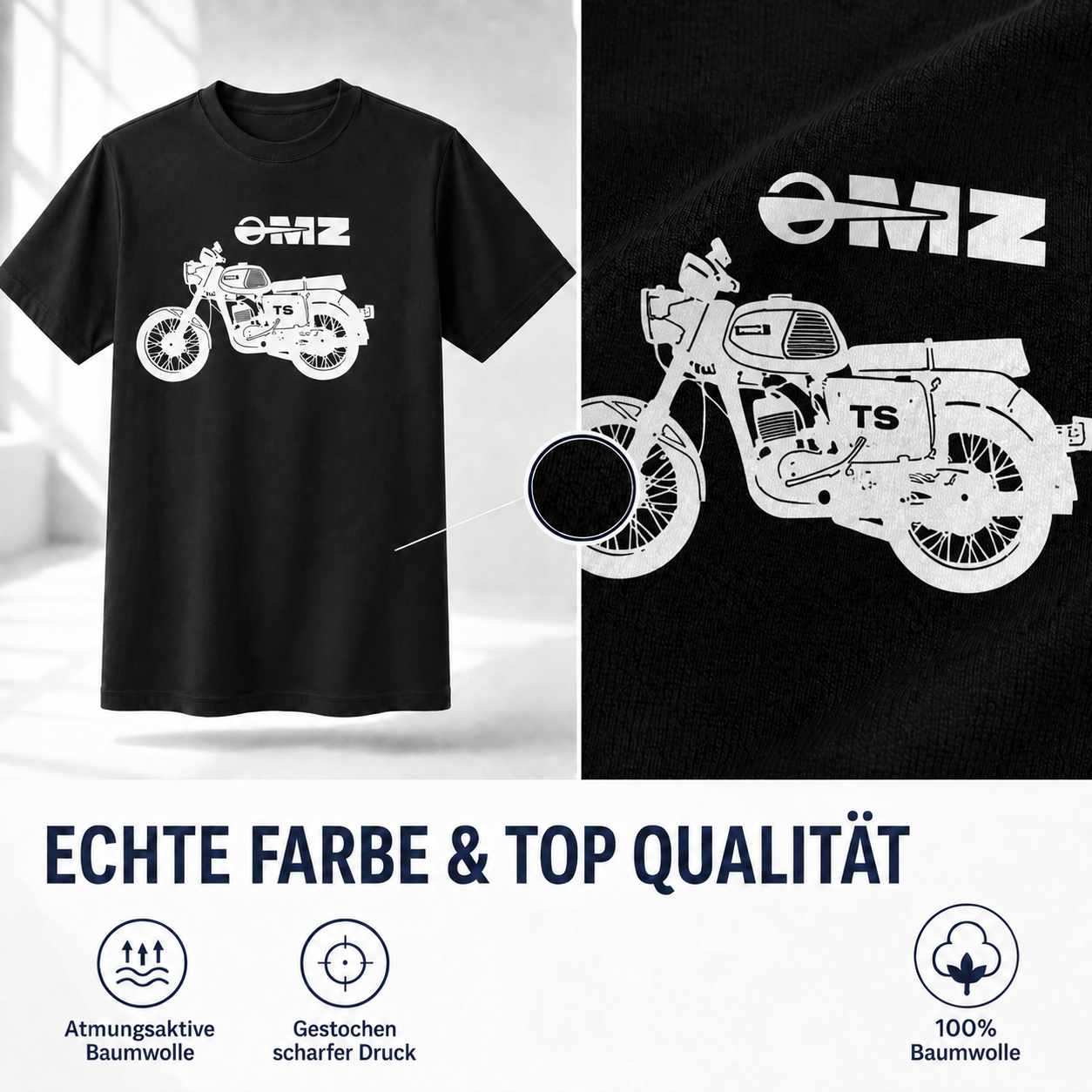 Schwarzes T-Shirt mit MZ TS 150 Modell aus 100% Baumwolle - klassischer Schnitt