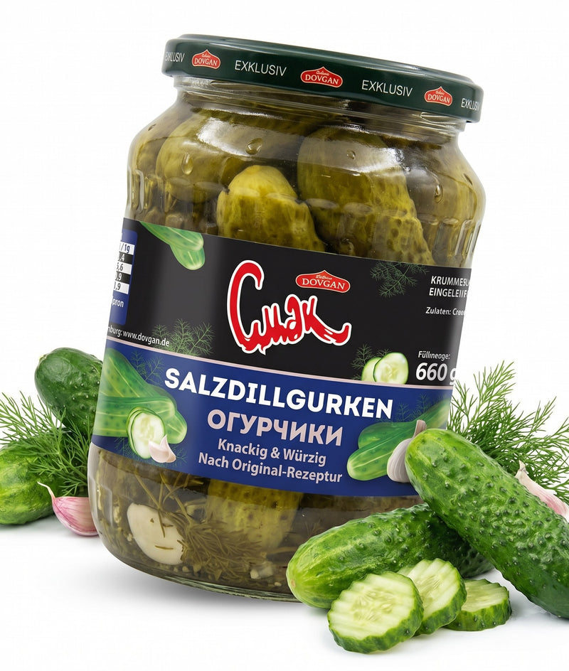 CMAK Salzdillgurken 660 g – Krumme Gurken in Salzlake nach osteuropäischer Art, mit frischem Dillgeschmack; Abtropfgewicht: 370g