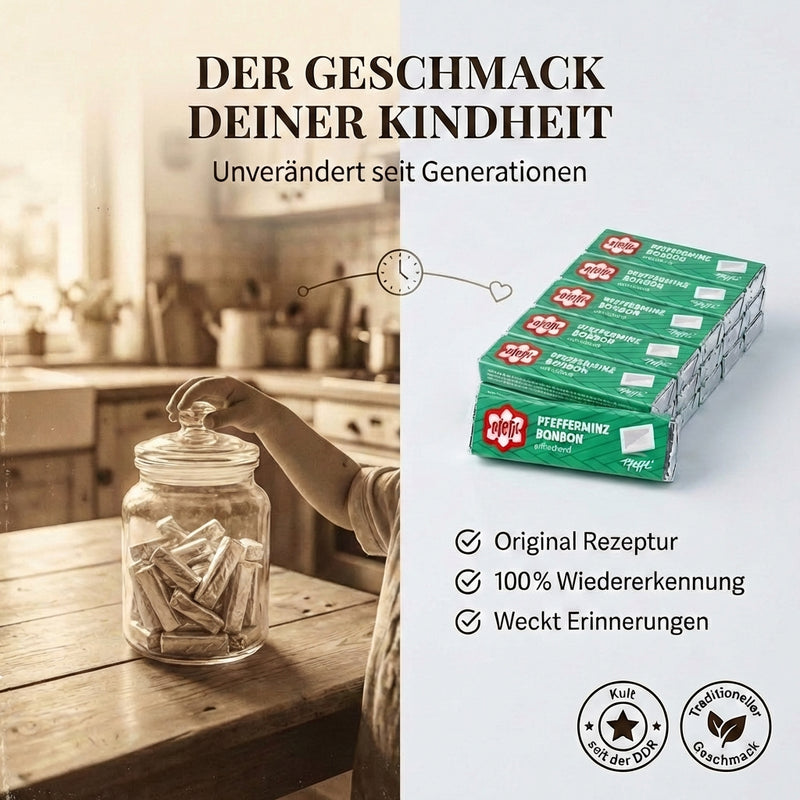 Pfeffi - Erfrischungs-Bonbons mit Pfefferminz 5 Stangen à 14 Bonbons, 50g