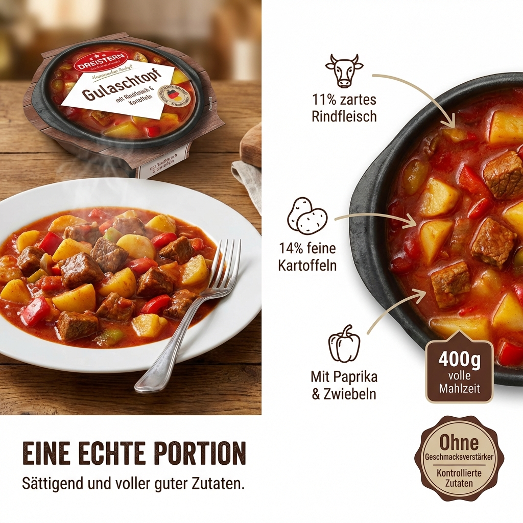 Dreistern Gulaschtopf 400g – Herzhaftes Fertiggericht mit Rindfleisch & Kartoffeln in würziger Sauce – Hausmacher Qualität, lange haltbar & schnell zubereitet