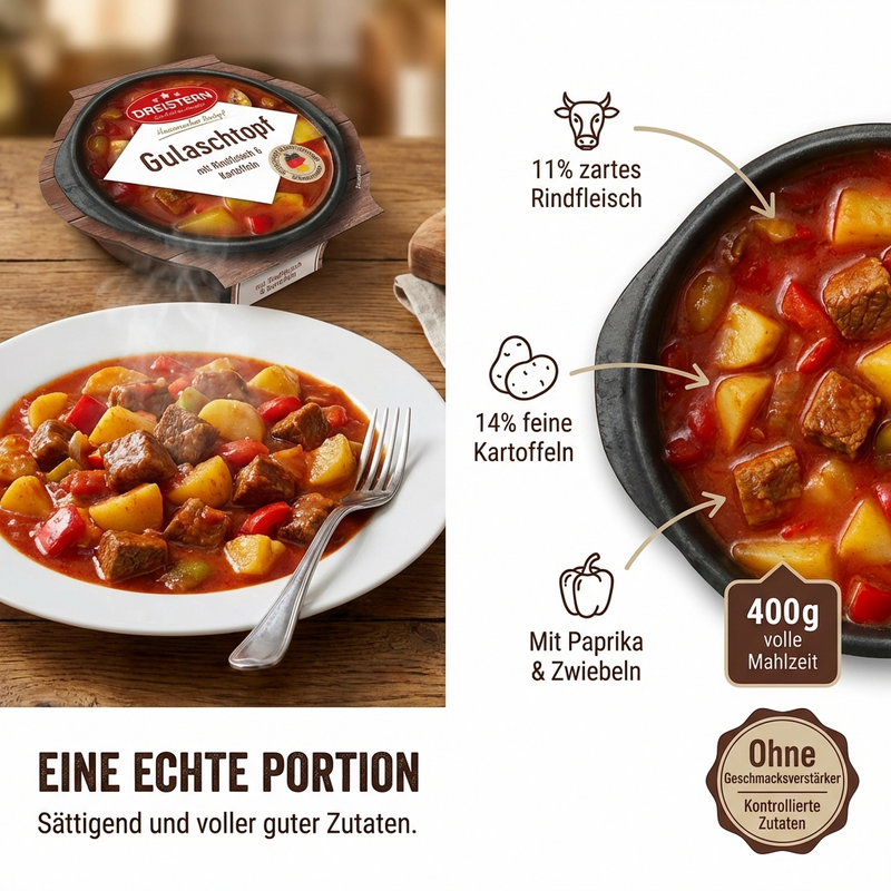Dreistern Gulaschtopf 400g – Herzhaftes Fertiggericht mit Rindfleisch & Kartoffeln in würziger Sauce – Hausmacher Qualität, lange haltbar & schnell zubereitet