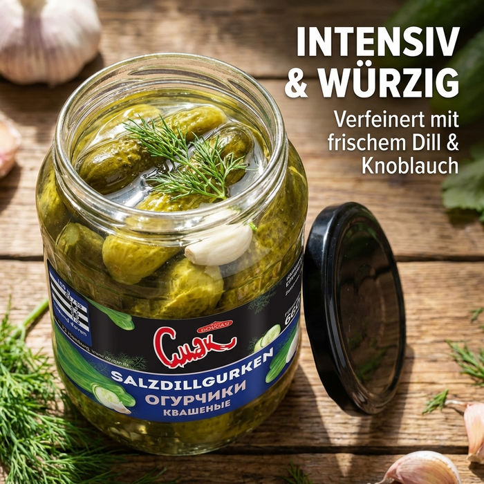 CMAK Salzdillgurken 660 g – Krumme Gurken in Salzlake nach osteuropäischer Art, mit frischem Dillgeschmack; Abtropfgewicht: 370g