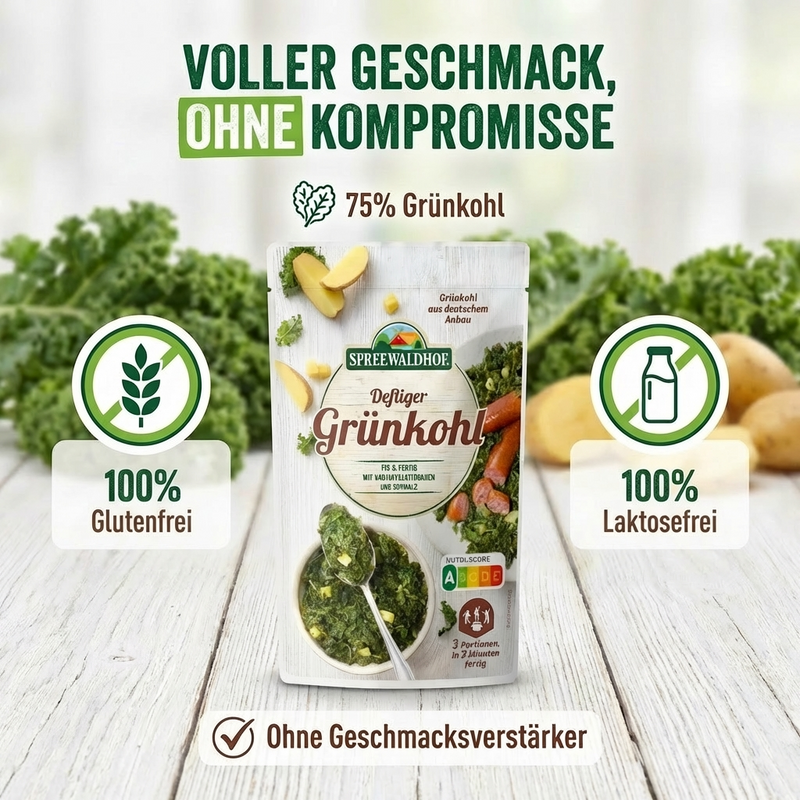 Spreewaldhof - deftiger Grünkohl 400g - gluten-& lactosefrei - mit Kartoffelstückchen und Schmalz - fix & fertig