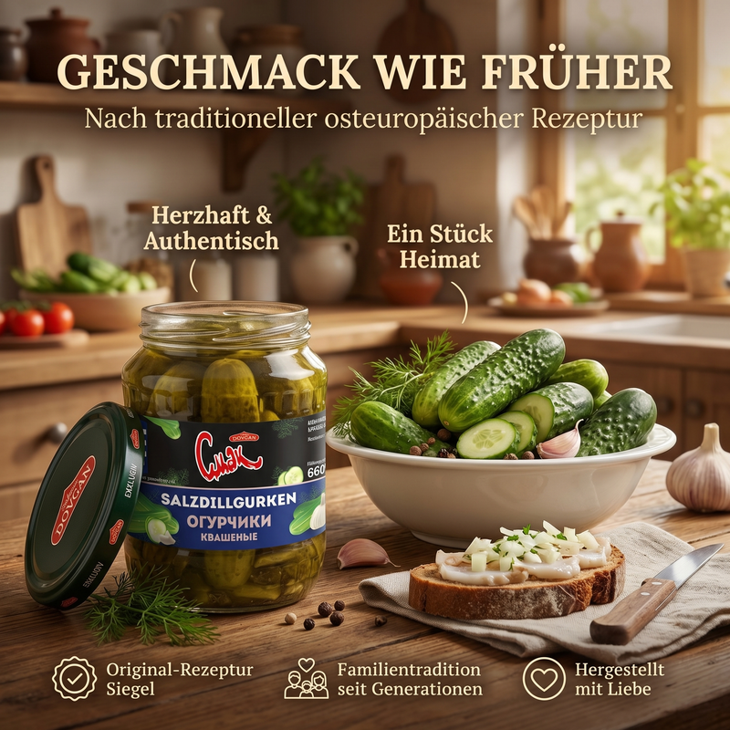 CMAK Salzdillgurken 660 g – Krumme Gurken in Salzlake nach osteuropäischer Art, mit frischem Dillgeschmack; Abtropfgewicht: 370g