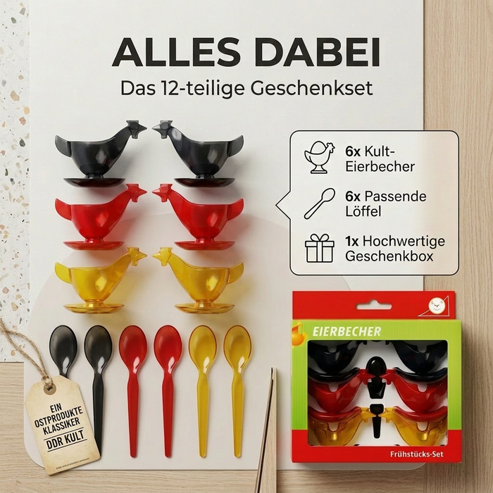 Eierbecher Frühstücks-Set - 6x Becher, 6x Löffel, 1x Geschenkbox