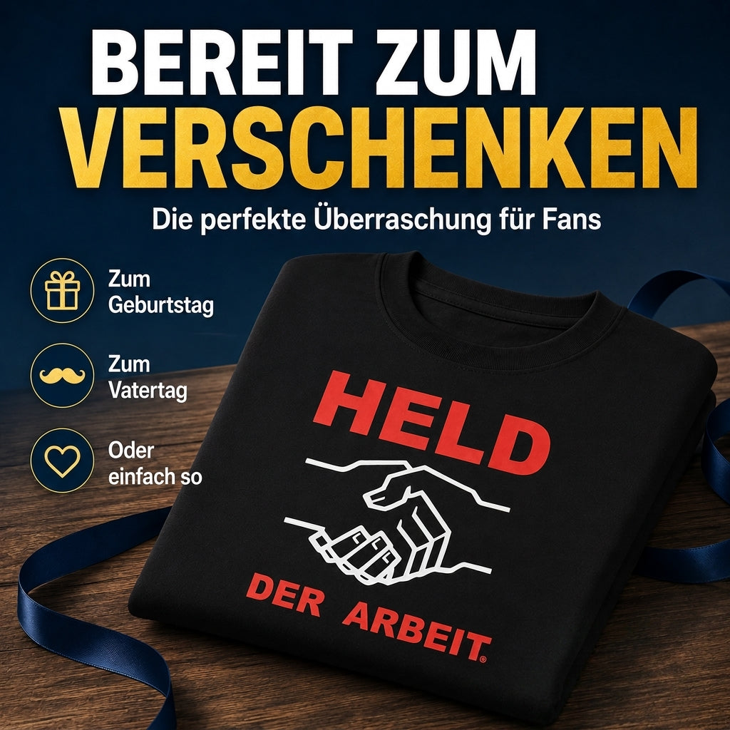 Held der Arbeit – Schwarzes T-Shirt mit farbigem Logo-Aufdruck - klassischer Unisex-Schnitt 100 % Baumwolle