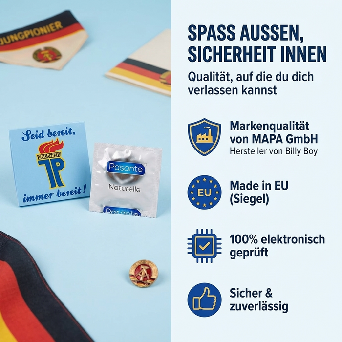 Kondom - mit Jungpionier-Motiv "JP - Seid bereit, immer bereit!" ein lustiges Geschenk und Mitbringsel