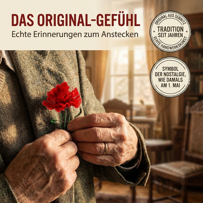 Nelke mit Sicherheitsnadel - rote Seide - zum 1. Mai, Muttertag, Frauentag