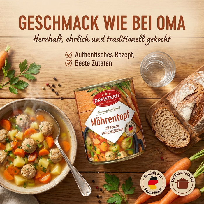 Dreistern Herzhafter Möhreneintopf 800g – Hausmacher Eintopf mit Fleischklößchen, Möhren & Kartoffeln – Regionales Fertiggericht, lange haltbar & schnell zubereitet