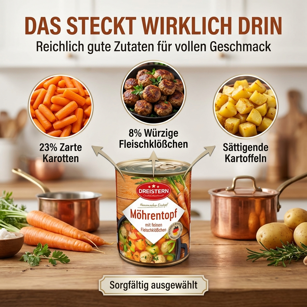 Dreistern Herzhafter Möhreneintopf 800g – Hausmacher Eintopf mit Fleischklößchen, Möhren & Kartoffeln – Regionales Fertiggericht, lange haltbar & schnell zubereitet