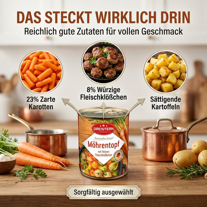 Dreistern Herzhafter Möhreneintopf 800g – Hausmacher Eintopf mit Fleischklößchen, Möhren & Kartoffeln – Regionales Fertiggericht, lange haltbar & schnell zubereitet