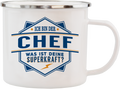 Emaille Becher / Tasse Ich bin der Chef "Was ist deine Superkraft?" - Ossiladen I Ostprodukte Versand