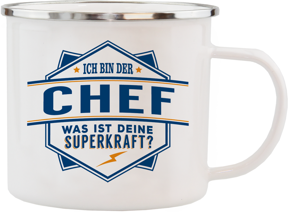 Emaille Becher / Tasse Ich bin der Chef "Was ist deine Superkraft?" - Ossiladen I Ostprodukte Versand