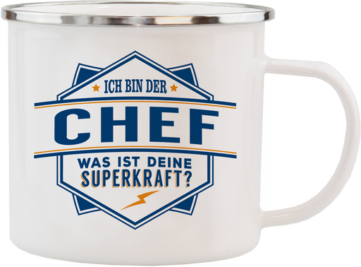 Emaille Becher / Tasse Ich bin der Chef "Was ist deine Superkraft?" - Ossiladen I Ostprodukte Versand