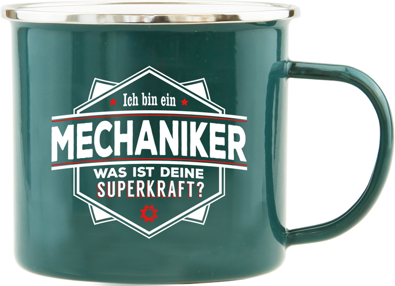 Emaille Becher / Tasse Ich bin ein Mechaniker "Was ist deine Superkraft?" - Ossiladen I Ostprodukte Versand