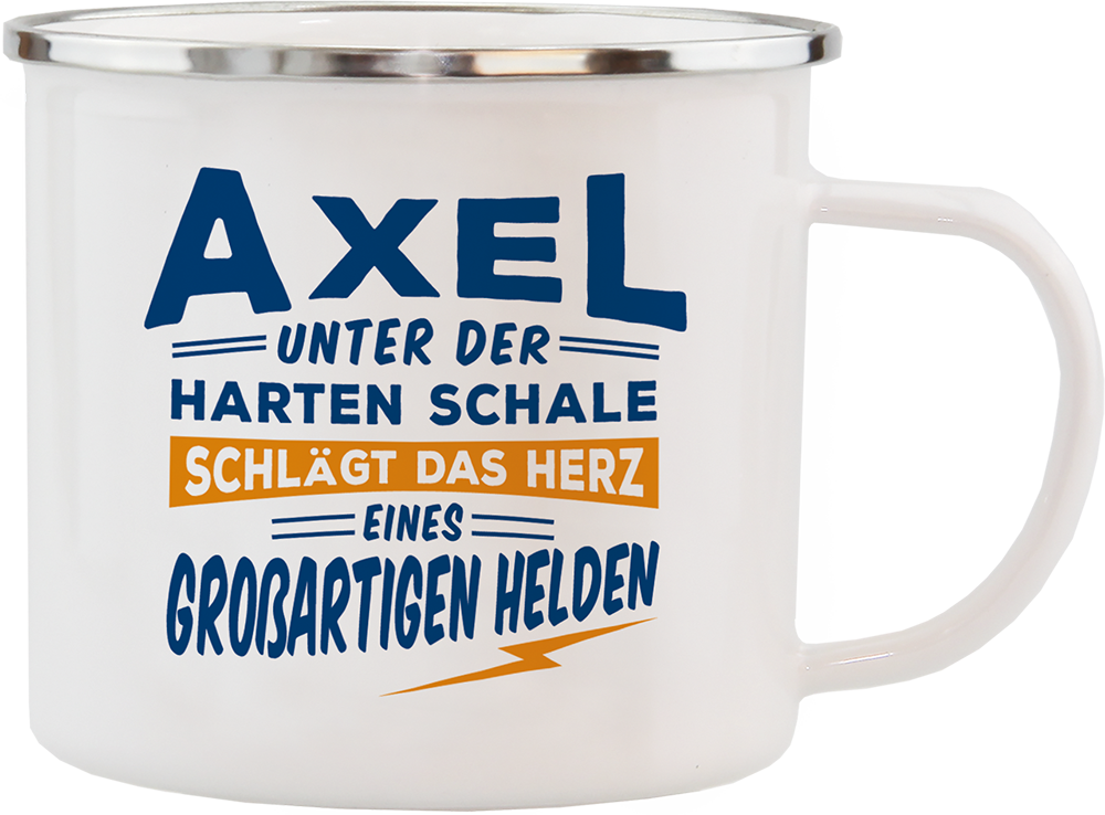 Emaille Becher / Tasse Axel "großartiger Held" - Ossiladen I Ostprodukte Versand