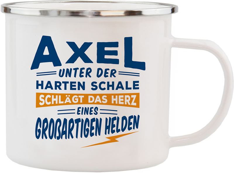 Emaille Becher / Tasse Axel "großartiger Held" - Ossiladen I Ostprodukte Versand