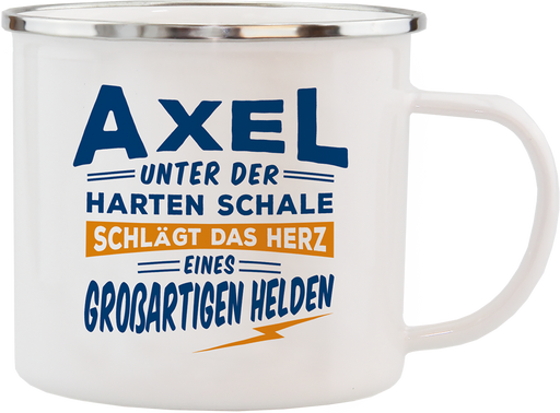 Emaille Becher / Tasse Axel "großartiger Held" - Ossiladen I Ostprodukte Versand