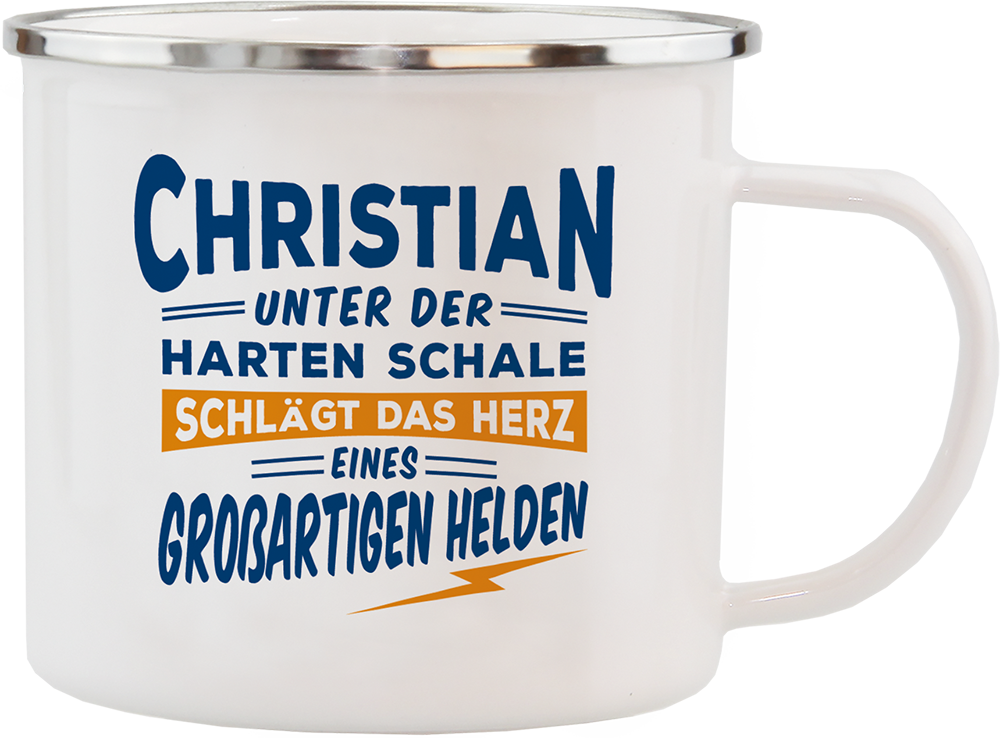 Emaille Becher / Tasse Christian das Herz eines großartigen Helden - Ossiladen I Ostprodukte Versand
