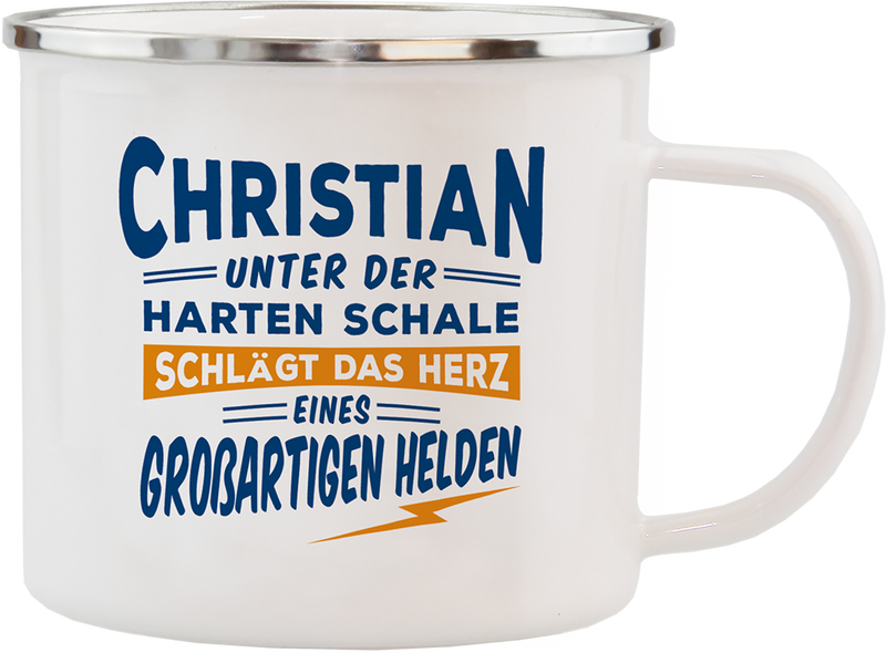 Emaille Becher / Tasse Christian das Herz eines großartigen Helden - Ossiladen I Ostprodukte Versand