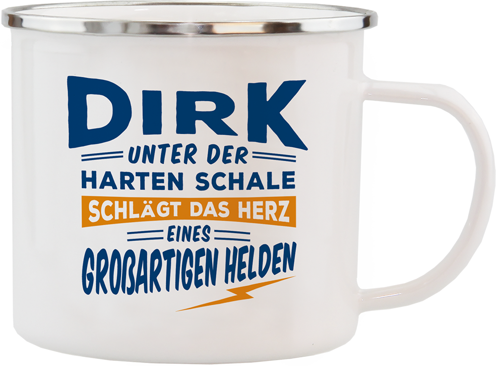 Emaille Becher / Tasse Dirk das Herz eines großartigen Helden - Ossiladen I Ostprodukte Versand
