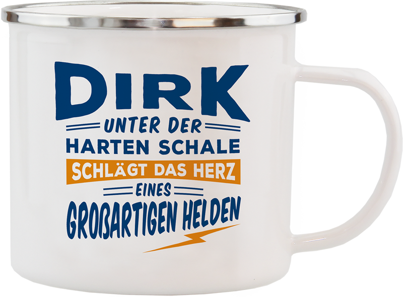 Emaille Becher / Tasse Dirk das Herz eines großartigen Helden - Ossiladen I Ostprodukte Versand