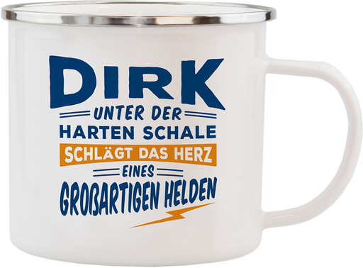 Emaille Becher / Tasse Dirk das Herz eines großartigen Helden - Ossiladen I Ostprodukte Versand