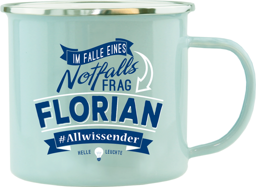 Emaille Becher / Tasse Florian Allwissender, helle Leuchte - Ossiladen I Ostprodukte Versand