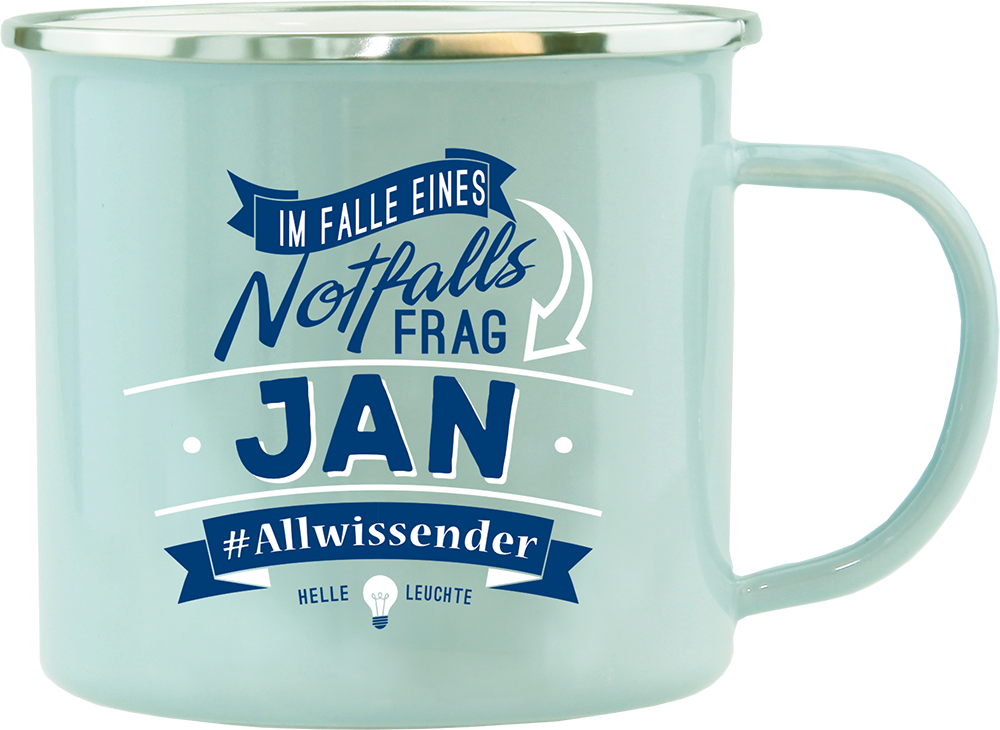 Emaille Becher / Tasse Jan Allwissender, helle Leuchte - Ossiladen I Ostprodukte Versand