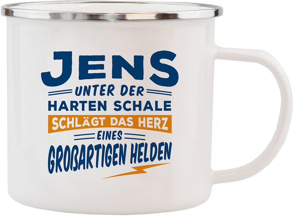 Emaille Becher / Tasse Jens das Herz eines großartigen Helden - Ossiladen I Ostprodukte Versand