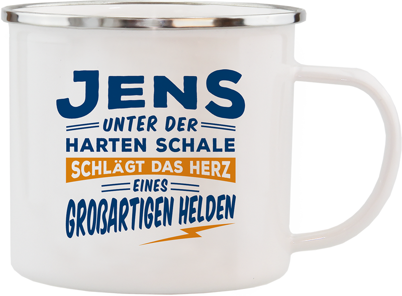 Emaille Becher / Tasse Jens das Herz eines großartigen Helden - Ossiladen I Ostprodukte Versand