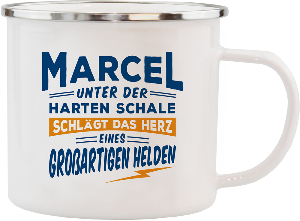 Emaille Becher / Tasse Marcel das Herz eines großartigen Helden - Ossiladen I Ostprodukte Versand