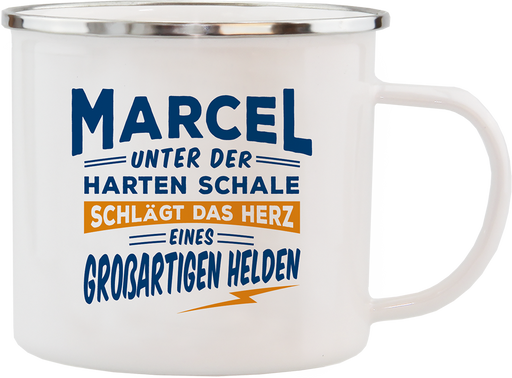 Emaille Becher / Tasse Marcel das Herz eines großartigen Helden - Ossiladen I Ostprodukte Versand