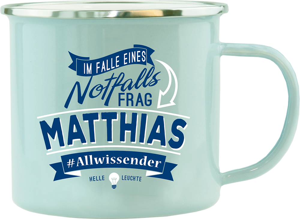 Emaille Becher / Tasse Mathias, Allwissender, helle Leuchte - Ossiladen I Ostprodukte Versand
