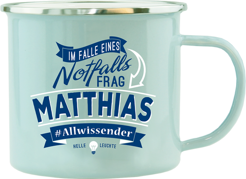 Emaille Becher / Tasse Mathias, Allwissender, helle Leuchte - Ossiladen I Ostprodukte Versand