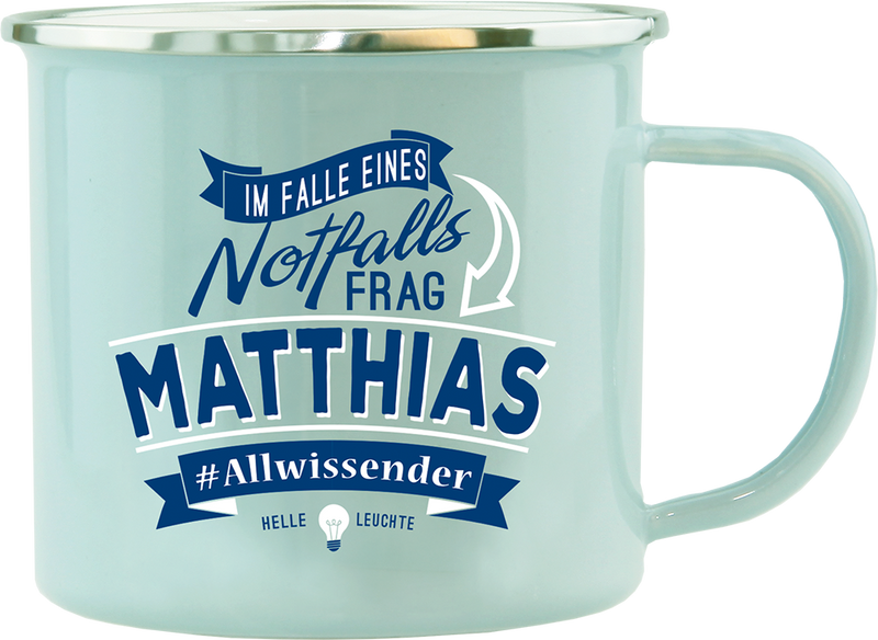 Emaille Becher / Tasse Mathias, Allwissender, helle Leuchte - Ossiladen I Ostprodukte Versand