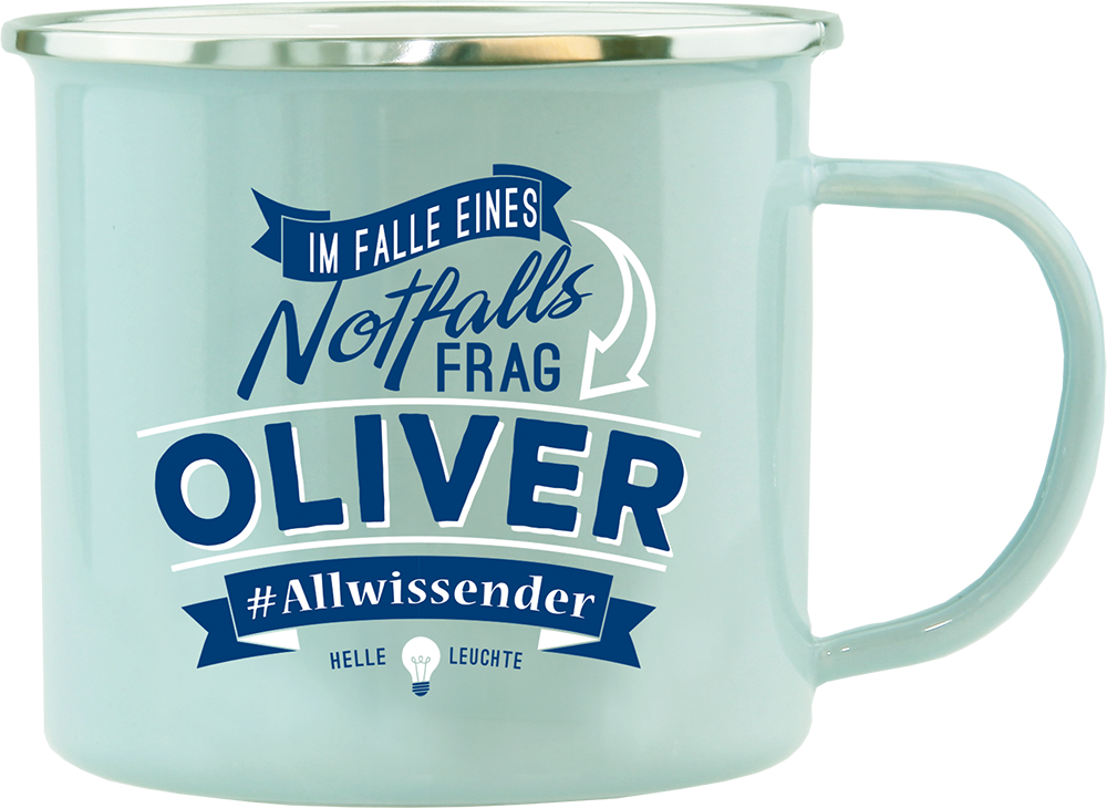Emaille Becher / Tasse Oliver, Allwissender, helle Leuchte - Ossiladen I Ostprodukte Versand