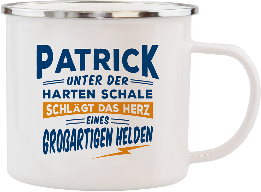 Emaille Becher / Tasse Patrick das Herz eines großartigen Helden - Ossiladen I Ostprodukte Versand