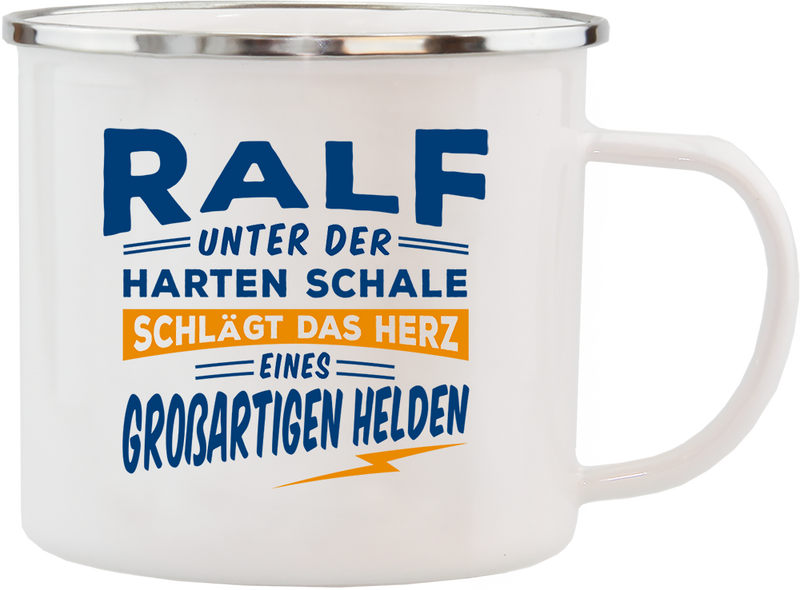 Emaille Becher / Tasse Ralf das Herz eines großartigen Helden - Ossiladen I Ostprodukte Versand
