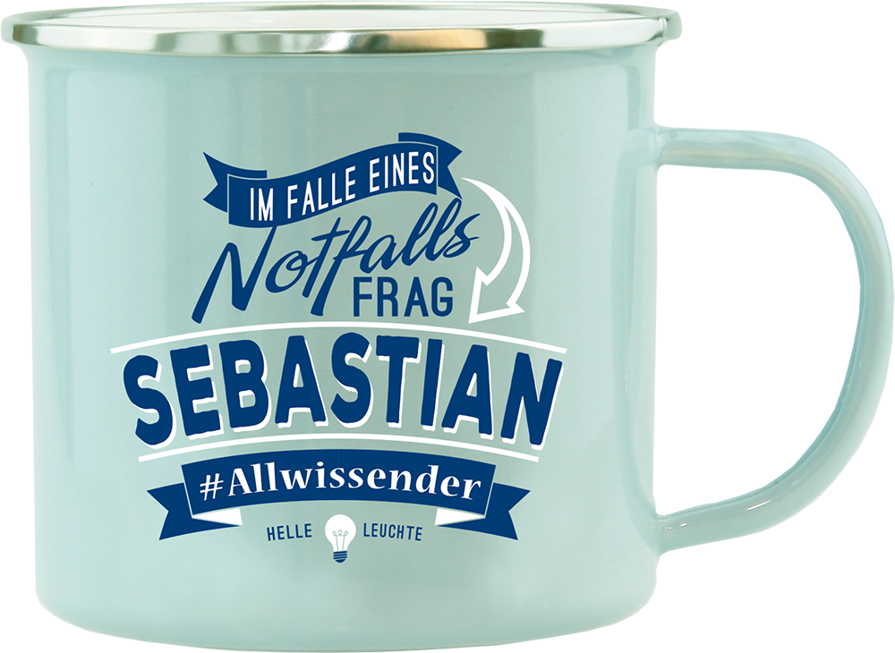Emaille Becher / Tasse Sebastian, Allwissender, helle Leuchte - Ossiladen I Ostprodukte Versand