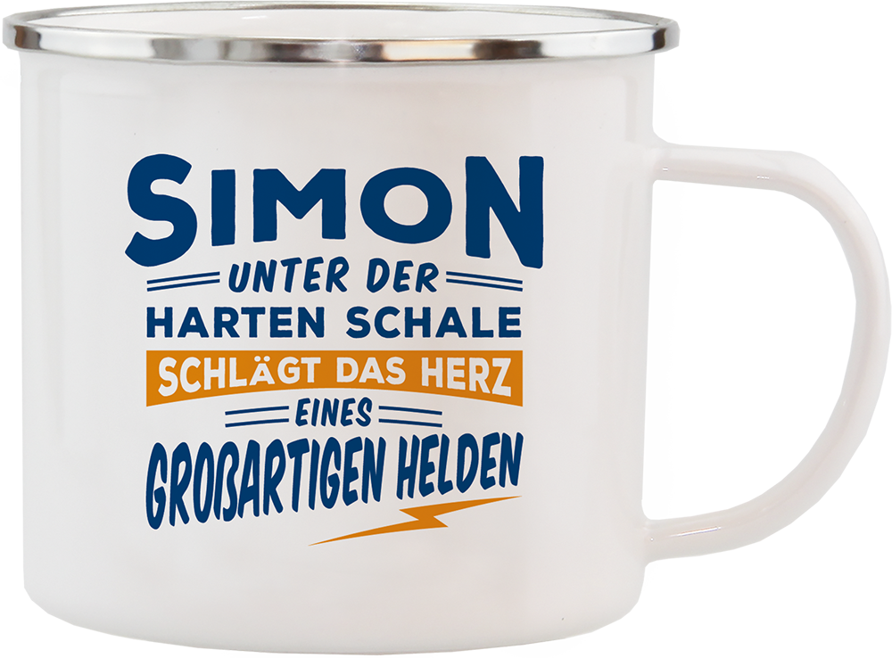 Emaille Becher / Tasse Simon das Herz eines großartigen Helden - Ossiladen I Ostprodukte Versand