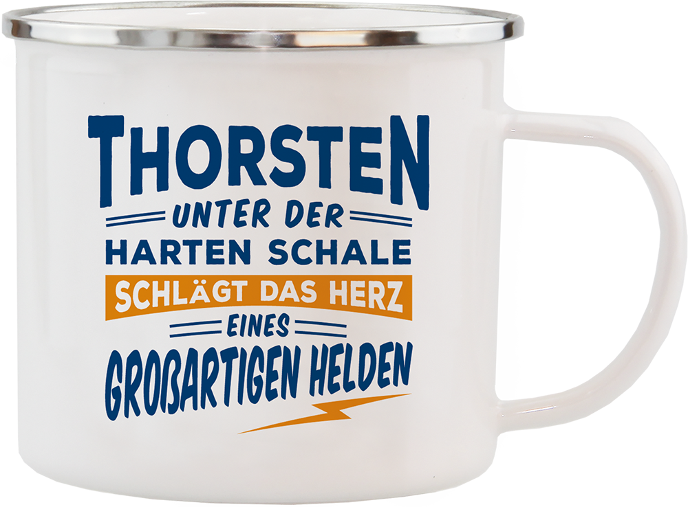 Emaille Becher / Tasse Thorsten Unter der harten Schale schlägt das Herz eines großartigen Helden - Ossiladen I Ostprodukte Versand